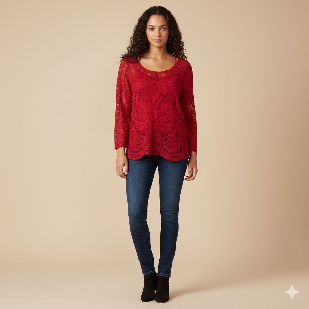 Express Red Floral Lace Long Sleeve Top - Boho Romantic Mesh Sheer Blouse size S